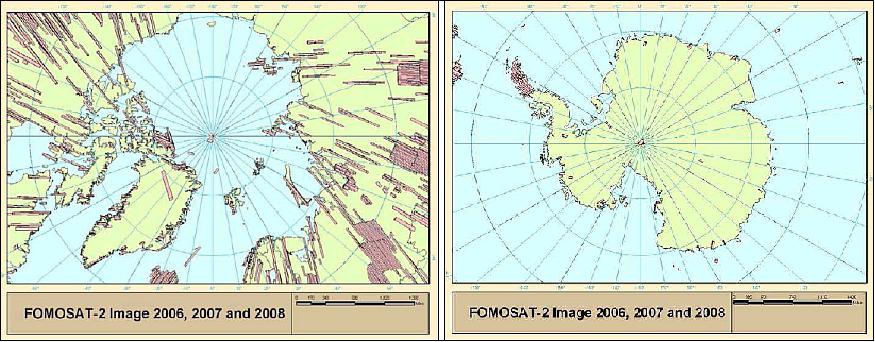 Figure 13: FormoSat-2 observed areas (pink-colored strips) in Arctic (left) and Antarctic (right) regions, respectively Image credit: NSPO)