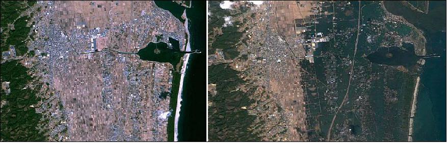 Figure 18: FormoSat-2 images of the Watari District, Mayagi Prefecture on March 11, 2011 (prior to the disaster, left) and on March 12, 2011 after the disaster on the right (image credit: NSPO)