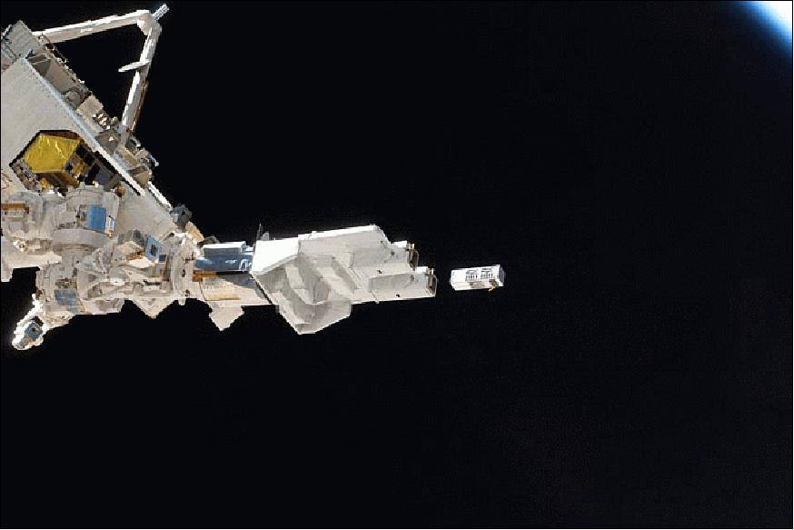 Figure 1: Photo of the TechEdSat-3p nanosatellite at deployment from J-SSOD (image credit: NASA) 3)