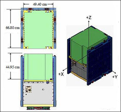 Figure 11: View of the STP-SIV spacecraft bus and allowable PIM (green) envelope (image credit: SDTW, BATC)
