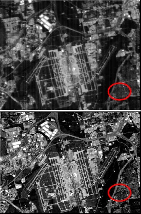Figure 34: Comparison of raw imagery of Texas Fort Worth airport taken by UK-DMC-1 (top) and UK-DMC-2 (bottom)