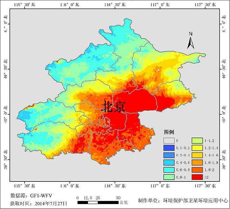 Figure 6: ADO (Aerosol Optical Depth) monitoring of the Beijing region on July 27, 2014 with the WFI on GF-1 (image credit: CNSA)