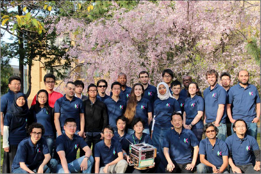 Figure 1: Photo of the HORYU-4 development team( 46 staffs and students from 18 countries - associated with the Space Engineering International Course,Postgraduate program at Kyutech), image credit: Kyutech 5)