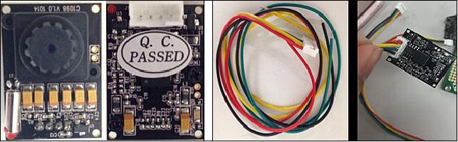 Figure 25: Left: C1098 camera module (front and back sides); right: Camera module harness (image credit: Kyutech)