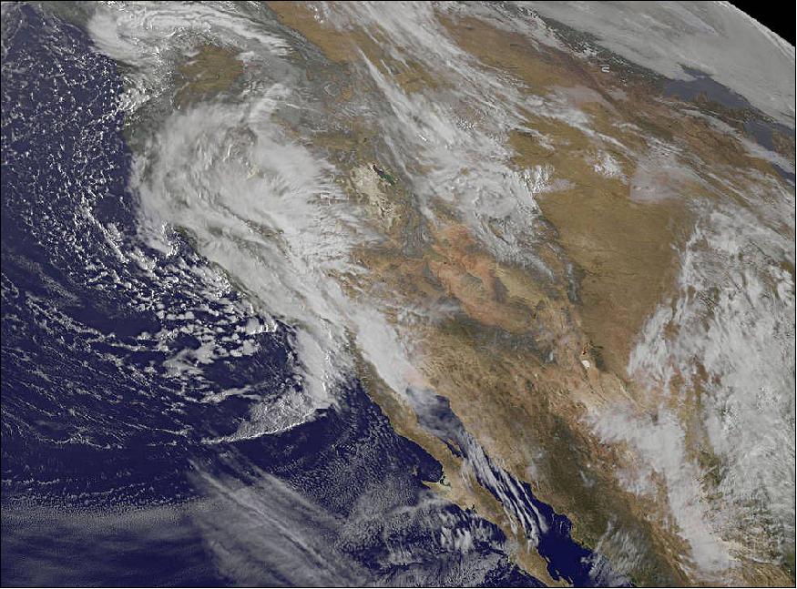 Figure 8: This NOAA GOES-West infrared image from March 7 at 15:41 UTC shows the clouds associated with the weather system over the U.S. Pacific Northwest (image credit: NASA/NOAA GOES Project)