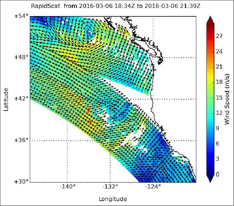 Figure 7: RapidScat saw sustained surface winds associated with a low pressure area near 46.9 mph (21 meters per second/75.6 kph) as it approached western Canada and the U.S. Pacific Northwest coast (image credit: NASA/JPL, Doug Tyler)