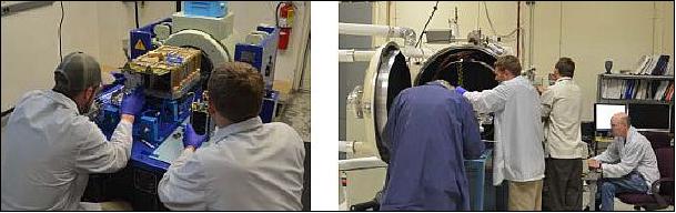Figure 10: Left: Block 1 random vibration testing, Right: Thermal vacuum testing (image credit: LANL)