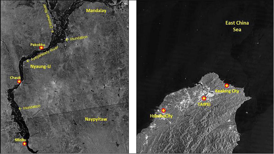 Figure 17: RISAT-1 observations of ISRO; Left: Myanmar floods acquired on Aug. 7, 2016; Right: Taiwan oil spill in VV polarization acquired on April 5, 2016 (image credit: ISRO) 10)