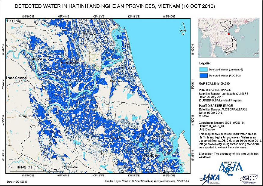Figure 16: Value added products (20 October) of the Flood in Vietnam, Images: Pre (Landsat-8/OLI-TIRS), Post (ALOS-2/PALSAR-2) Method: Thresholding (Ref. 6)