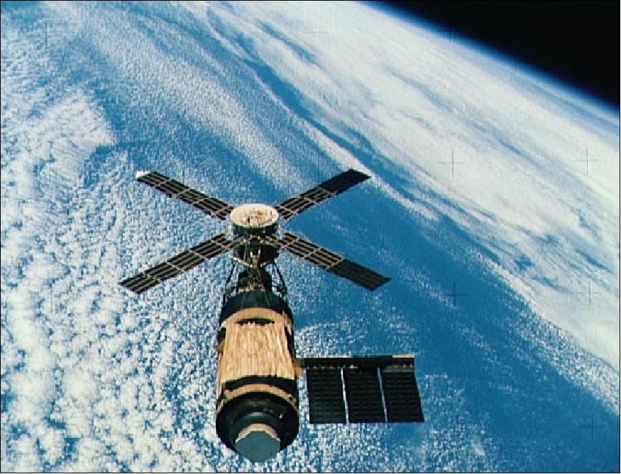Figure 2: An overhead view of Skylab with the left solar wing missing - as photographed by the Skylab-4 command and service module (image credit: NASA)