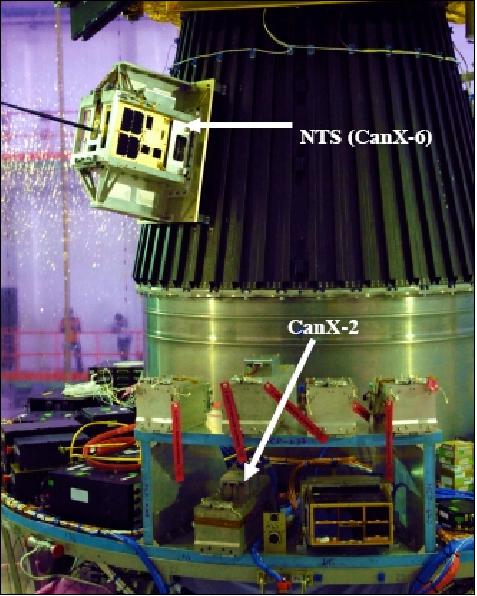 Figure 7: CanX-2 & NTS integrated along with the rest of the smallsat XPODs to the upper stage (image credit: UTIAS/SFL) 7)