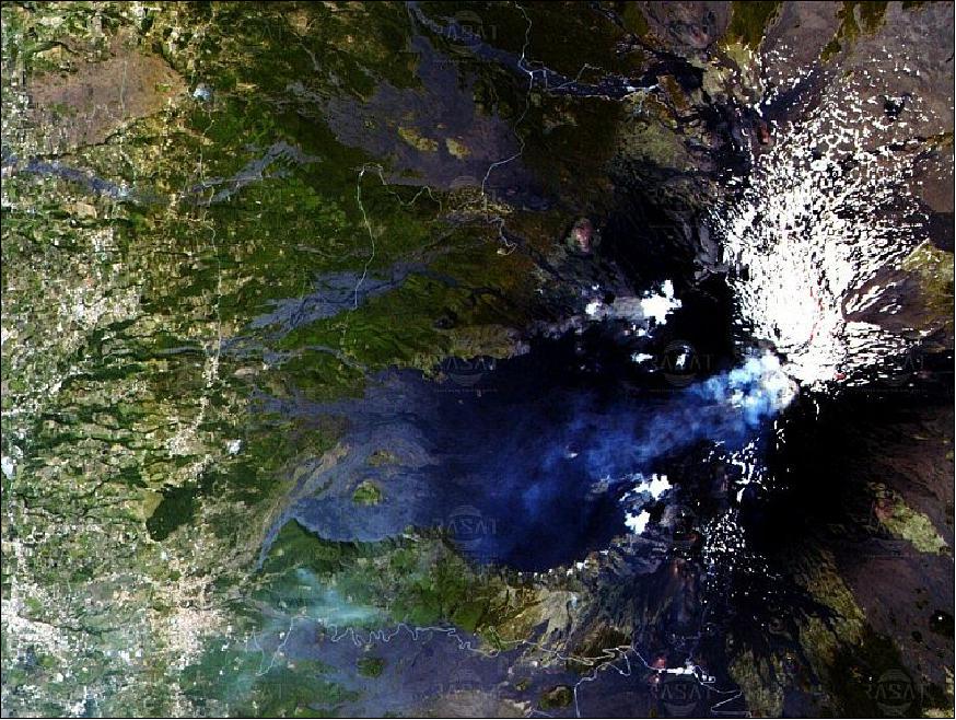 Figure 9: Italy’s volcano, Mount Etna, sends up plumes of smoke in this image captured on June 7, 2012, by the Turkish research satellite, RASAT (image credit: TÜBITAK-UZEY) 25)