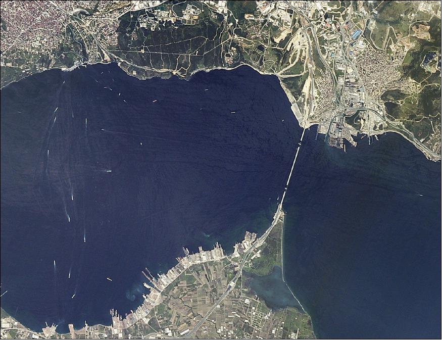 Figure 7: This RASAT image was acquired on April 13, 2016, showing the Gulf crossing Izmit Bay Suspension Bridge connecting Europe and Asia (image credit: TUBITAK-UZAY) 22)
