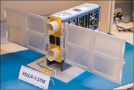 Figure 5: Photo of the VELOX-II nanosatellite with the solar panels deployed (image credit: NTU/SaRC)