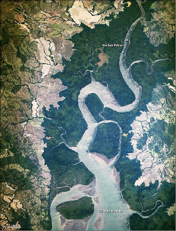 Figure 19: Rio San Pablo, as it empties into the Golfo de Montijo in Veraguas, Panama, is the "first light" from the ISERV system. The image was acquired on Feb. 16, 2013 (image credit: NASA, Ref. 26)