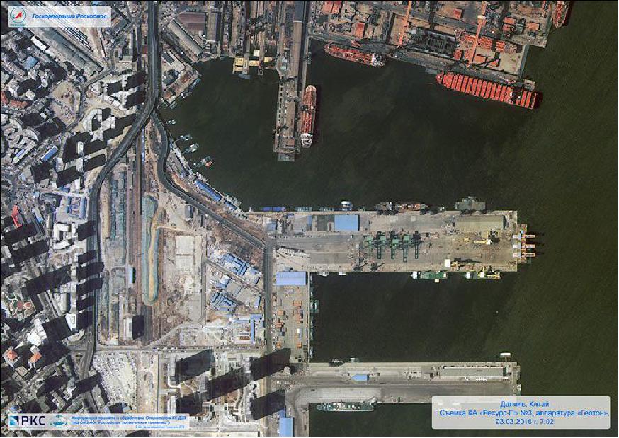 Figure 24: An early test image obtained by Resurs-P3 on March 23, 2016 showing the port of Dalian, China (image credit: Roskosmos, A. Zak)