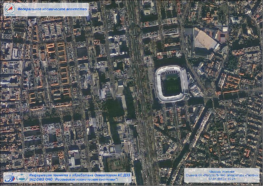 Figure 16: Resurs-P2 image of Madrid, Spain, acquired on January 7, 2015, showing the famous Santiago Bernabéu Football Stadium of Real Madrid (image credit: NTs OMZ, Roscosmos, Anatoly Zak Ref. 12)