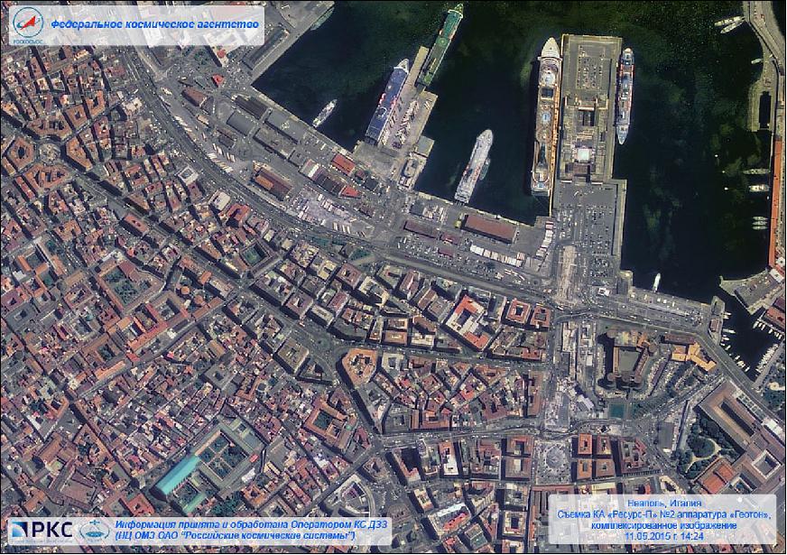 Figure 15: Resurs-P2 Geoton-L1 pansharpened image image of Naples, Italy, acquired on May 11, 2015 (image credit: NTs OMZ)