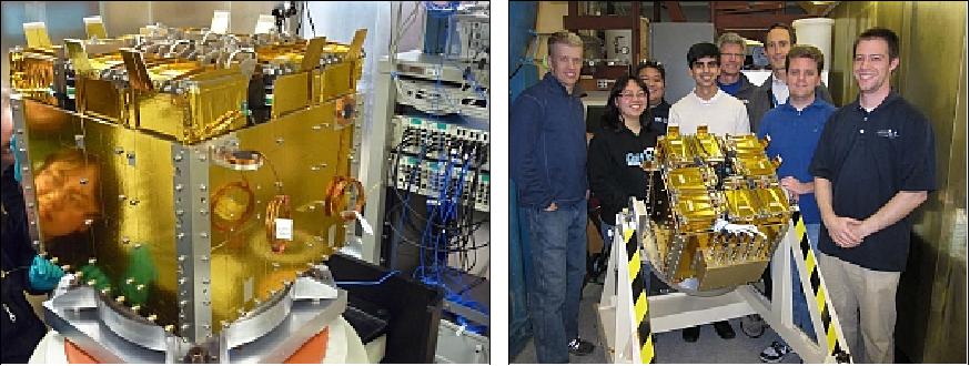 Figure 3: Photos of the integrated OUTSat P-PODs in the NPSCuL platform (left) along with the proud NPS students (left), image credit: NRO, NPS