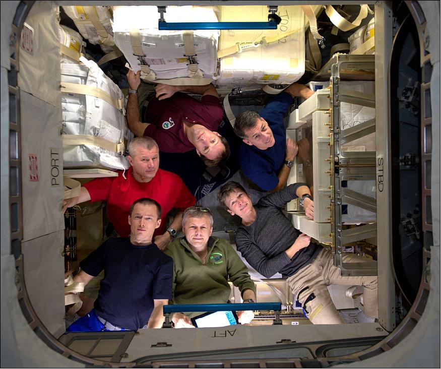 Figure 28: ESA astronaut Thomas Pesquet took this image from on board the International Space Station. He posted it on social media, commenting: "Our first six-person crew picture! In the newly-arrived HTV: our house just got bigger with one extra room for a few weeks." (image credit: ESA/NASA) 31)