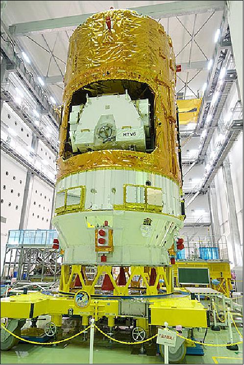 Figure 2: The H-II Transfer Vehicle 6 (Kounotori-6) is open to media reporters at the Second Spacecraft Test and Assembly Building, Tanegashima Space Center,October 19, 2016 (image credit: JAXA) 3)