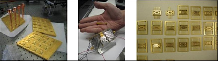 Figure 9: Receiver "tile" components (left), feedhorns (center), receiver boards (right), image credit: NASA/JPL