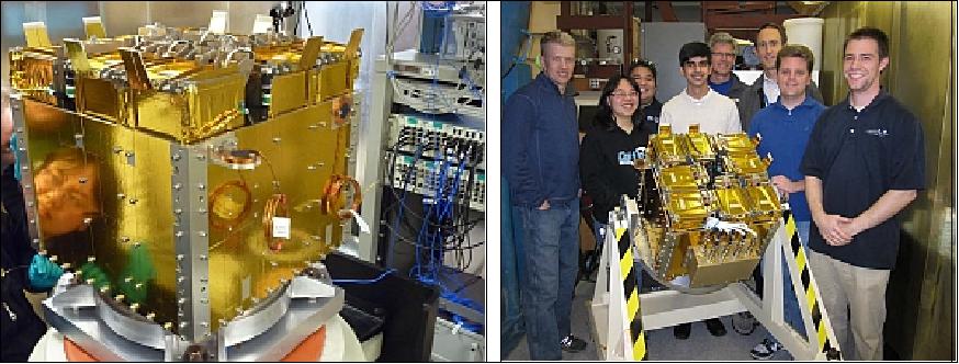 Figure 5: Photos of the integrated OUTSat P-PODs in the NPSCuL platform (left) along with the proud NPS students (left), image credit: NRO, NPS