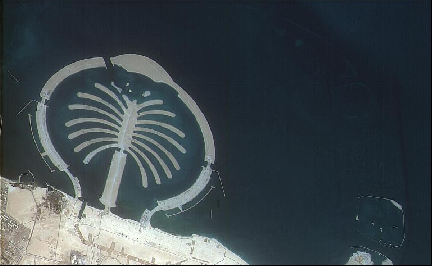 Figure 14: First test imagery of DubaiSat-1 showing a snapshot of the Palm Jebel Ali of Dubai (image credit: EIAST)