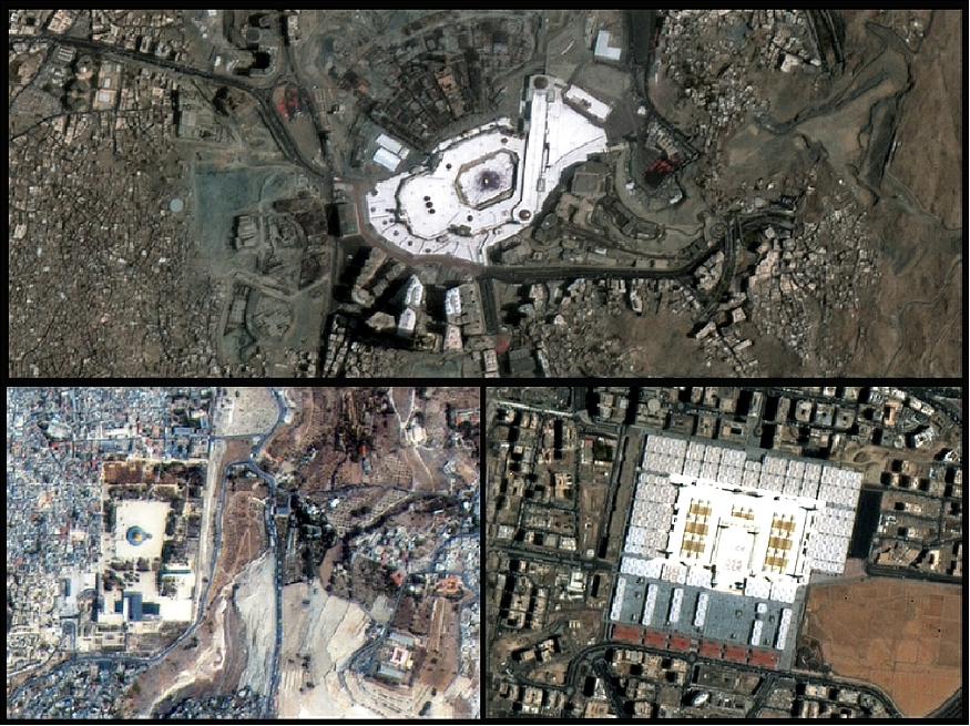Figure 11: The pan-sharpened, multispectral images show the Grand Mosque in Mecca, the Prophet's Mosque in Medina and the Al-Aqsa Mosque in Al Quds (image credit: EIAST)
