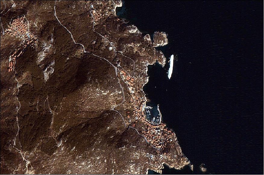 Figure 10: DubaiSat-1 image of the Costa Concordia cruise liner that partially sank on January 13, 2012 off the coast of Giglio island, Italy (located off the coast of Tuscany (image credit: EIAST) 15)