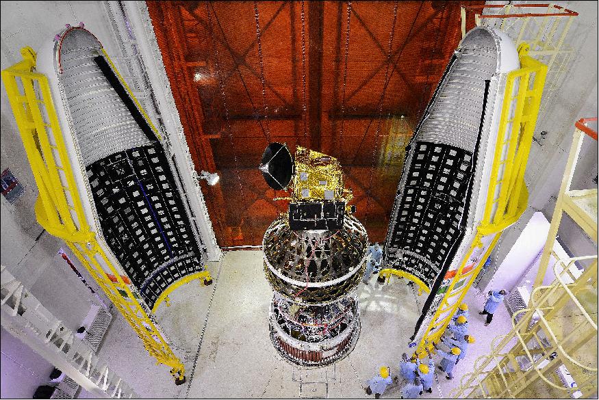 Figure 3: SCATSat-1 spacecraft integrated with PSLV-C35 with two halves of the heat shield seen (image credit: ISRO)