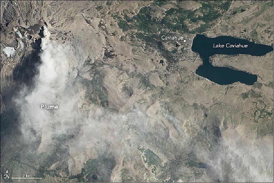 Figure 41: On January 13, 2016, ALI (Advanced Land Imager) on the EO-1 satellite acquired this view of the elusive volcano, which is often obscured by clouds. At the time, winds blew a plume of steam, gas, and ash primarily toward the south and southeast, missing the town of Caviahue in Argentina (image credit: NASA Earth Observatory, Jesse Allen and the EO-1 team)