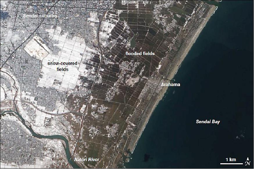 Figure 56: The Japanese city of Sendai was one of the hardest hit by the tsunami on March 11, 2011. EO-1's ALI instrument captured this image of the area on March 18. Note that the snow cover shows exactly how far the tsunami wave reached inland (over 3 km in some areas), image credit: NASA's Earth Observatory Sendai