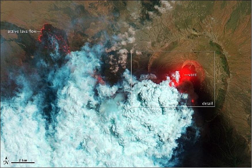 Figure 54: This false color satellite image shows active lava flows of the Nabro volcano in Eritrea on June 24, 2011 (image credit: NASA)