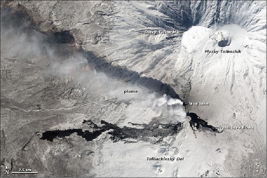 Figure 51: ALI natural color image of Plosky Tolbachik, Ostry Tolbachik, and Tolbachinksy Dol volcanos on the Kamchatka Peninsula,Russia, acquired on April 5, 2013 (image credit: NASA) 68)