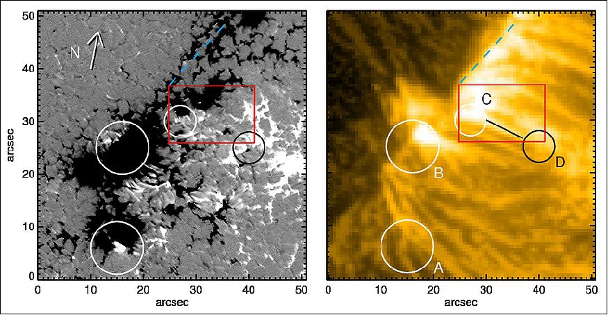 Figure 3: Right: A look at the footprints of coronal loops. Images obtained by NASA's SDO (Solar Dynamics Observatory) on June 12th, 2013 show distinct plasma flows in the Sun's corona. Left: SUNRISE II data documents the magnetic fields that were present on the Sun at the same time and in the same place. Small regions, in which the magnetic polarity is opposite to that of the overall environment prove to be the origins of the loops (image credit: MPS/NASA SDO)