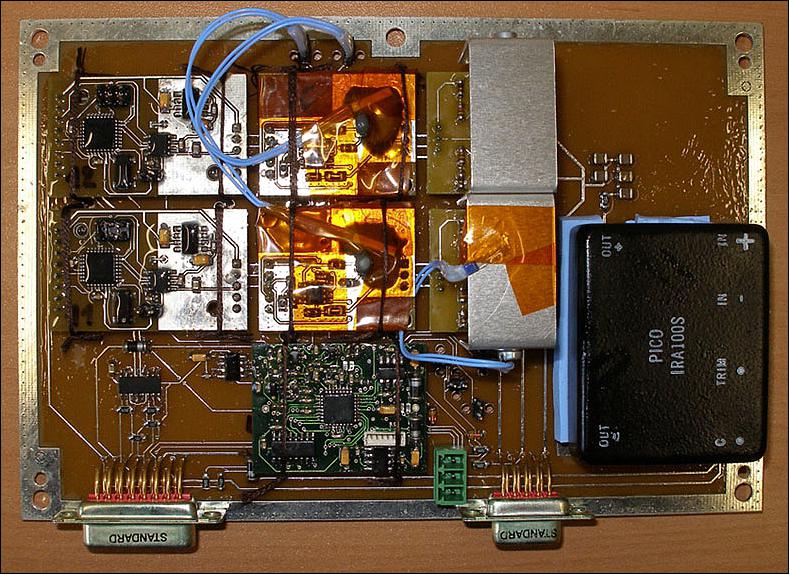 Figure 32: High-voltage amplifier for the piezo drive of the tip-tilt mirror. From left to right: serial interface with digital/analog converter, pre-amplifier, main amplifier. The green board at the bottom is a CoSM sensor server used for temperature measurements. The black box is the 100 V power supply for the main amplifier (image credit: MPS)