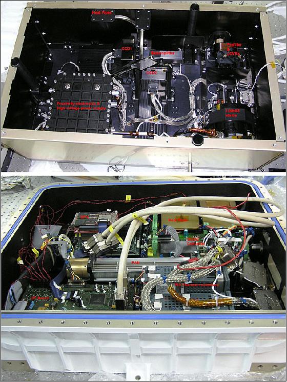 Figure 21: Top: IMaX optical enclosure just after integration and verification at INTA. The top cover (a radiator) is not in place yet. Labels correspond to the pre-filter and LCVR mounting, the LiNbO3 etalon enclosure, the polarizing beamsplitter, the CCDs, the heat pipes, and the proximity electronics enclosure in the lower left. Bottom: IMaX main electronic enclosure. Labels correspond to the control computer and real-time electronics (DPU), the DC/DC converters, the heat pipes, the fan, the interface board, and the thermal controllers (image credit: Spanish IMaX consortium)