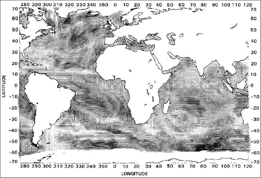 Figure 33: Gridded wind vector field from SeaSat scatterometer winds, 3-day mean, Sept. 6-8, 1978 (image credit: JPL, AES (Canada), UCLA, dBS, NASA)