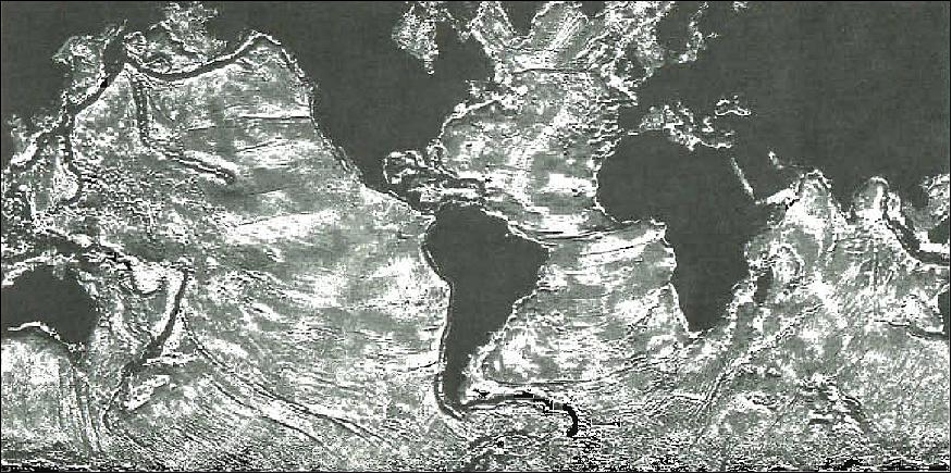 Figure 23: The marine geoid observed by the altimeter on SeaSat. The relief is due to variations in Earlh's gravity field resulting from the uneven distribution of mass within the Earth. Trenches, seamounts, transform faults, and oceanic ridges arc clearly seen. The surface is displayed as though it were illuminated by light shining from the northwest, thus accentuating the features on the surface (image credit: Lamont-Doheny Geological Observatory of Columbia University)