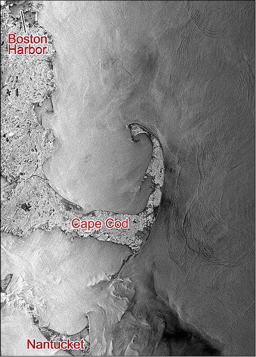 Figure 8: Internal waves and shallow subsea features imaged by SAR near Cape Cod, Massachusetts. Both were generated by tidal currents in the region; the image was acquired on Aug. 27, 1978 (image credit: NASA) 19)