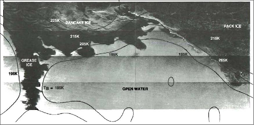 Figure 47: SAR image of the western Beaufort Sea ice margin on Oct. 8, 1978. Overlay: TB, SMMR radiance, 37 GHz vertical polarization (image credit: NASA/JPL)