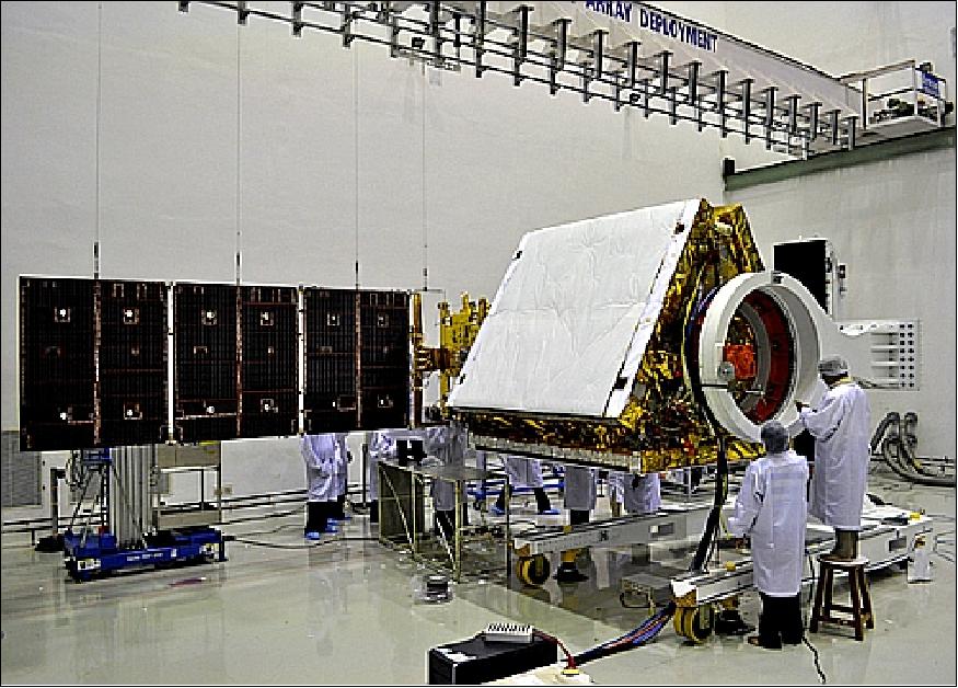 Figure 10: Photo of RISAT-1 with one of its solar panel wings deployed (image credit: ISRO)