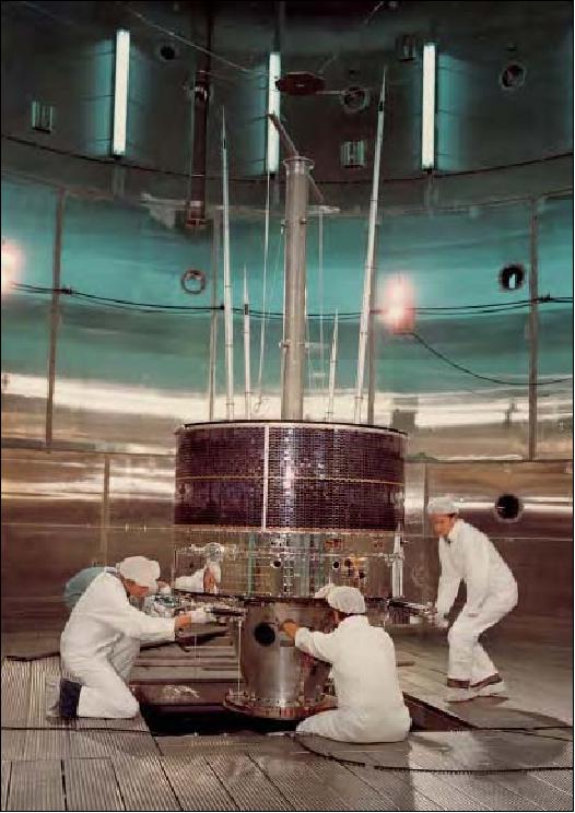 Figure 1: The GEOS-1 spacecraft in the ESTEC dynamic spin test facility at ESTEC, Noordwijk (image credit: ESA)