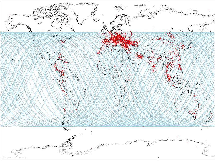 Figure 7: GomX-3 orbit and weather data retrievals: The blue lines show the GomX-3 orbital track over the two week period of the trial. The red dots are locations where Mode-S wind and temperature observations were derived and highlight the regions of the world where these data would be available currently. The volume of data obtained was strongly limited by the temporal coverage available from a single satellite (image credit: UK Met Office) 14)