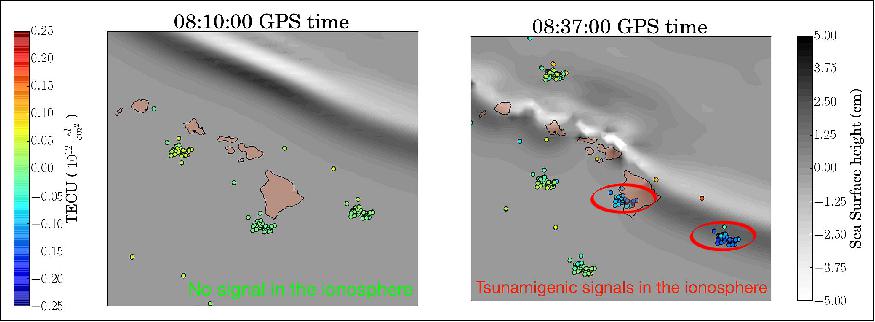 Figure 1: Real-time detection of perturbations of the ionosphere caused by the Oct. 27, 2012, Queen Charlotte Island tsunami off the coast of British Columbia, Canada, using the VARION algorithm (image credit: NASA)