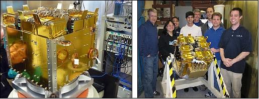 Figure 6: Photos of the integrated OUTSat P-PODs in the NPSCuL platform (left) along with the proud NPS students (left), image credit: NRO, NPS