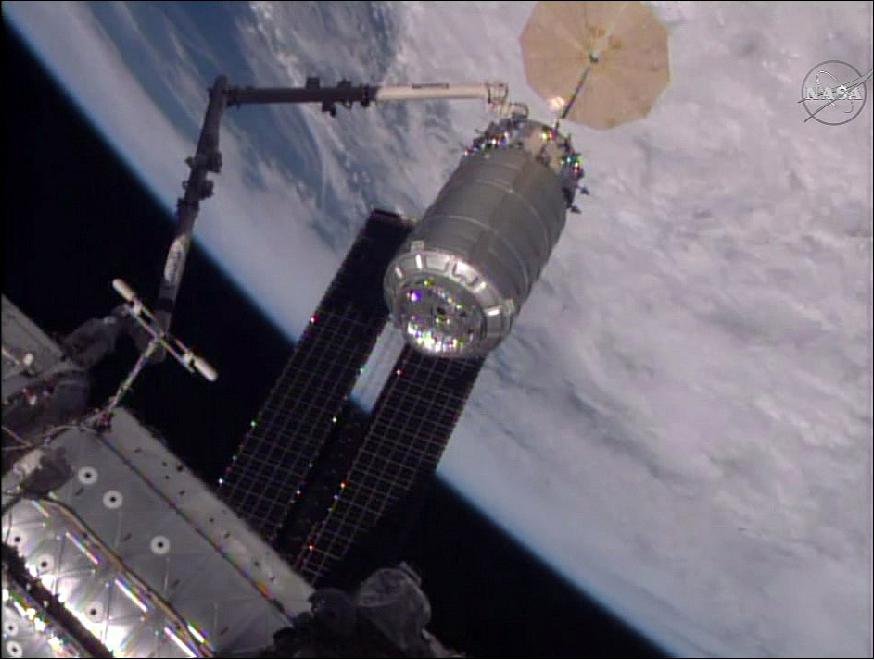 Figure 7: Canadarm2 is used to position the Cygnus CRS-7 vehicle for berthing to the Unity module on April 22, 2017 (image credit: NASA TV)