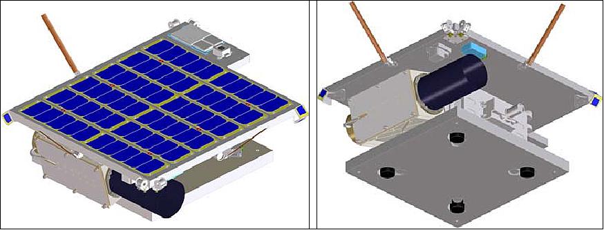 Figure 3: 3D model of the Max-Valier satellite in launch configuration mounted on the release adapter plate (right), image credit: GOB, OHB