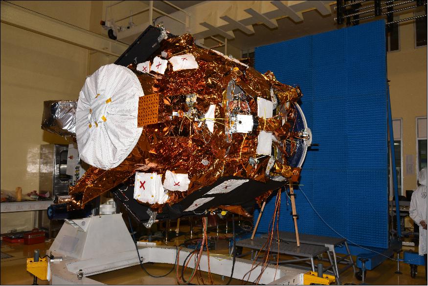 Figure 3: Cartosat-2E satellite undergoing EMI radiation test (image credit: ISRO)